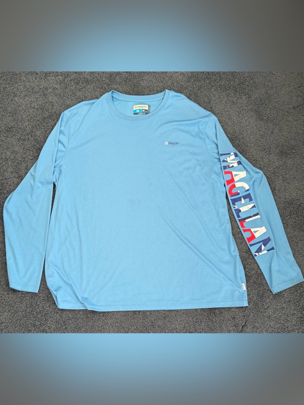 Magellan Outdoors Light Blue Long Sleeve Logo Tee with Bold Sleeve Graphics